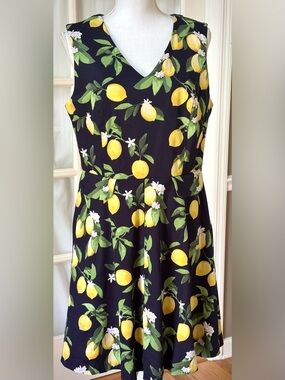 Chetta B Lemon Print Fit Flare Dress Pockets Black Cotton Stretch Size 12